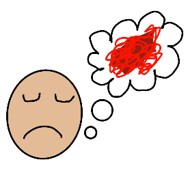  a light skinned symbolstix head with a sad face on the left with a though bubble with red scribbles on the right 